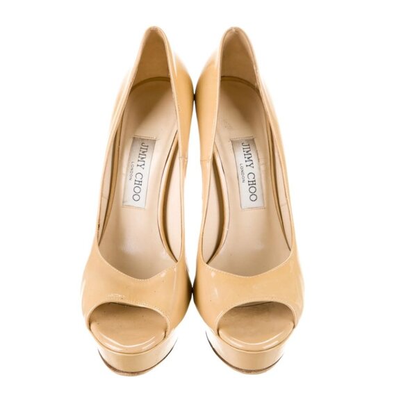 Jimmy Choo Sz 8.5 NUDE PEEPTOE Patent Leather PLATFORM Pumps Heels Beige - Picture 4 of 6